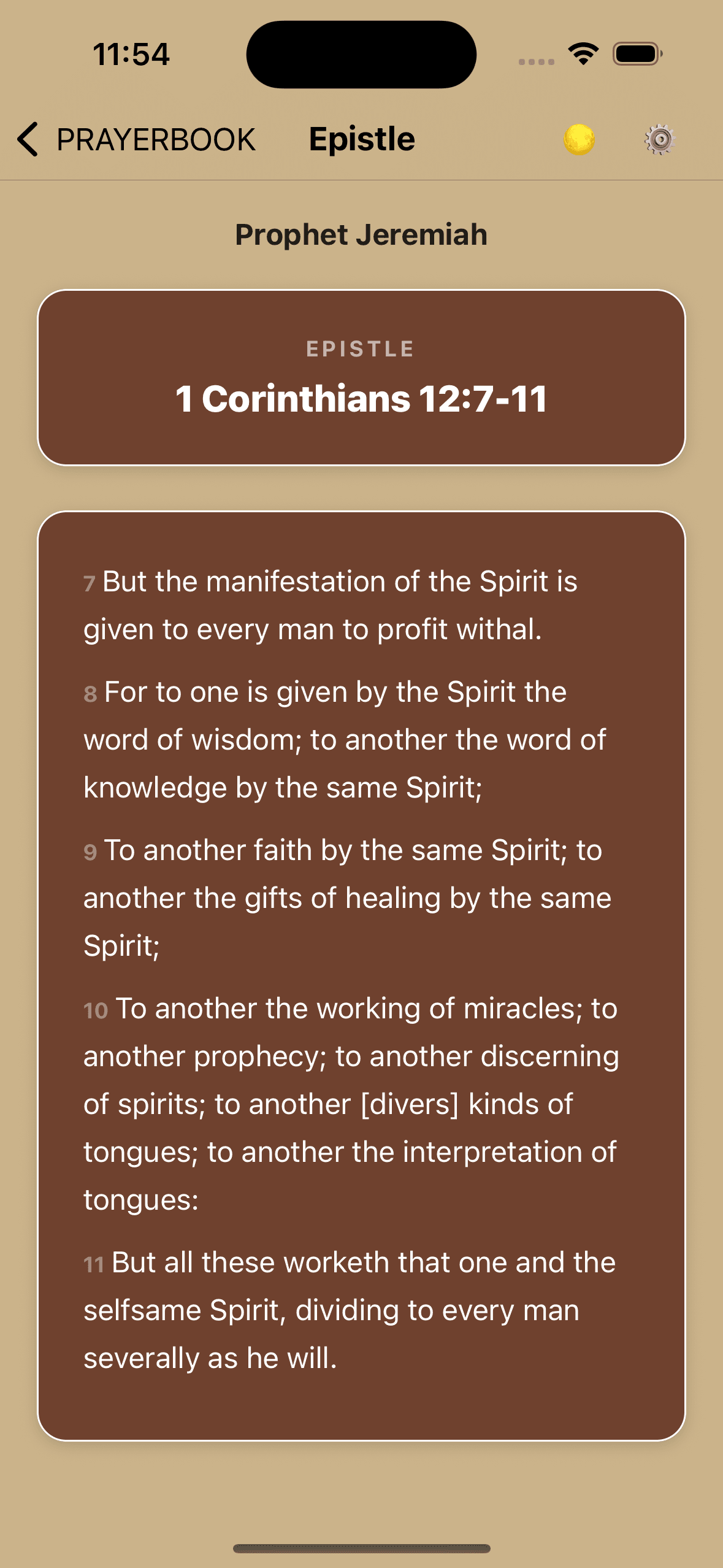 Orthodox Christian Prayer Book Epistle reading screen with consistent typography and a rich brown reading card.