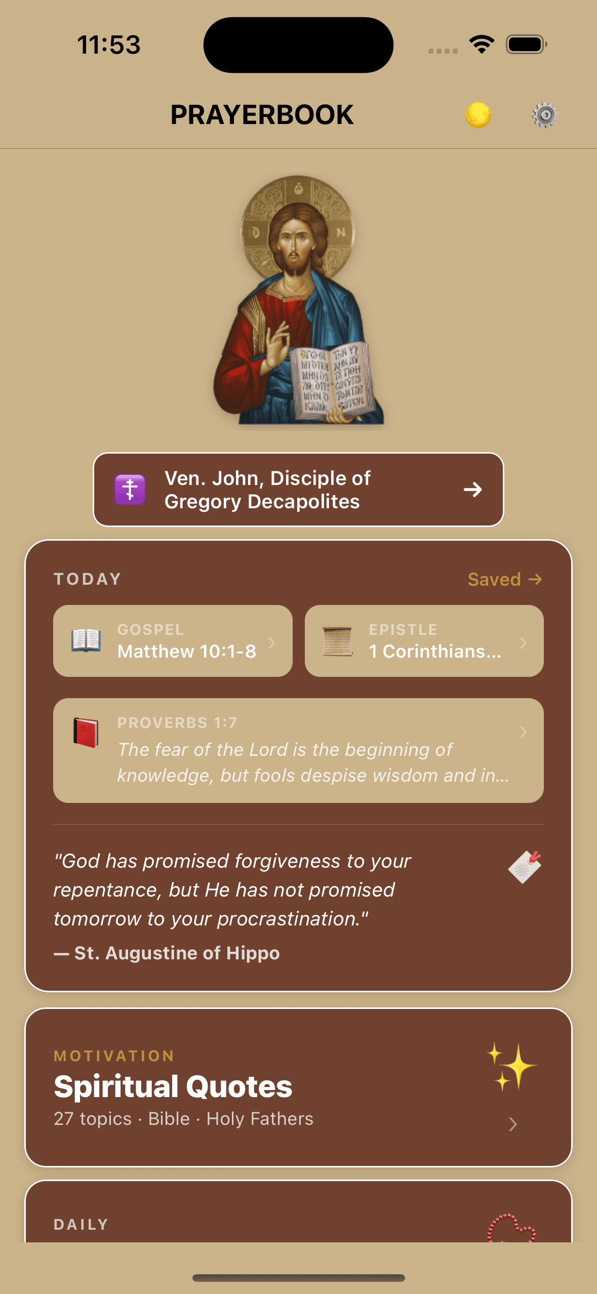 Orthodox Christian Prayer Book home screen showing the saint of the day, Gospel and Epistle cards, Proverbs, and spiritual quotes.